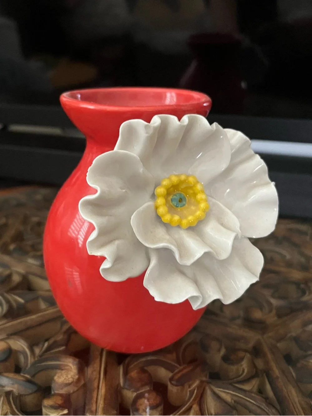 White Floral Ceramic Accent Vase with Coral Base